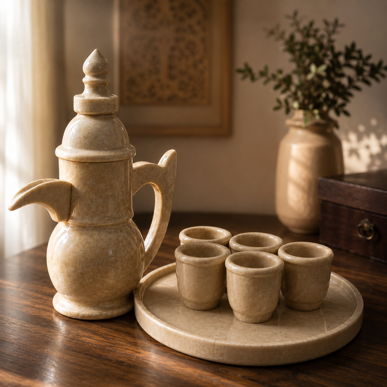 Premium Marble Tea Set with Tray – Elegant Handmade Serving Set with Cups & Teapot