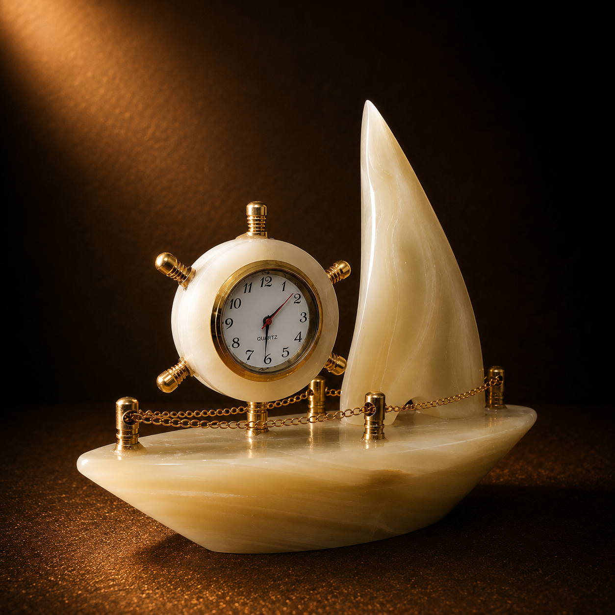 Handcrafted White Onyx Marble Sailboat Desk Clock | Luxury Table Clock | Elegant Home & Office Decoration