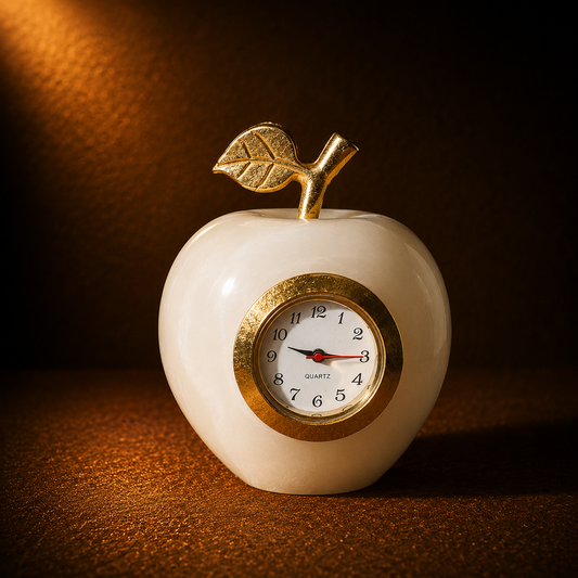 Luxury White Onyx Marble Apple Clock – Handmade Decorative Quartz Table Clock | Premium Home & Office Desk Decor