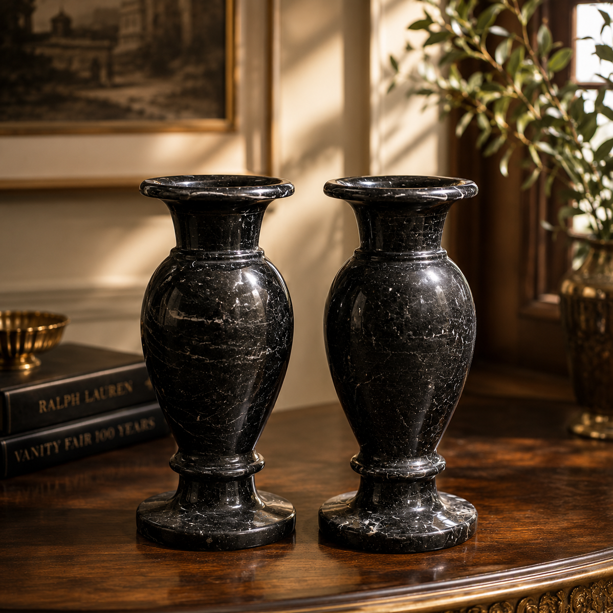 Set of 2 Black Marble Flower Vases – Luxury Decorative Stone Vases for Home & Office Décor