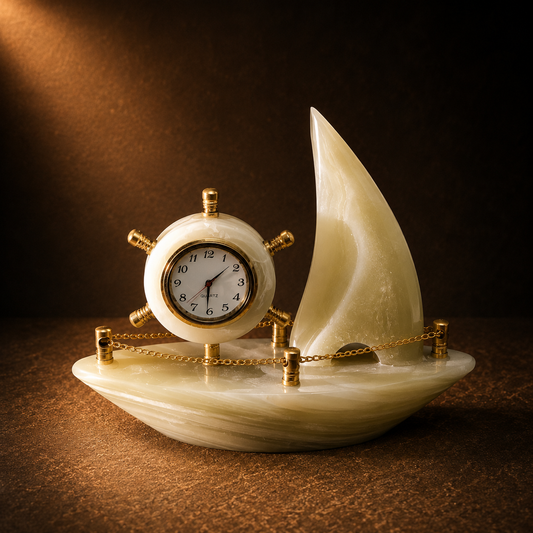Handcrafted White Onyx Marble Sailboat Desk Clock | Luxury Table Clock | Elegant Home & Office Decoration
