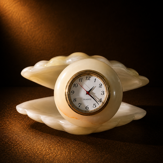 Luxury White Onyx Marble Shell Clock – Handmade Decorative Table Clock | Premium Home & Office Desk Decor