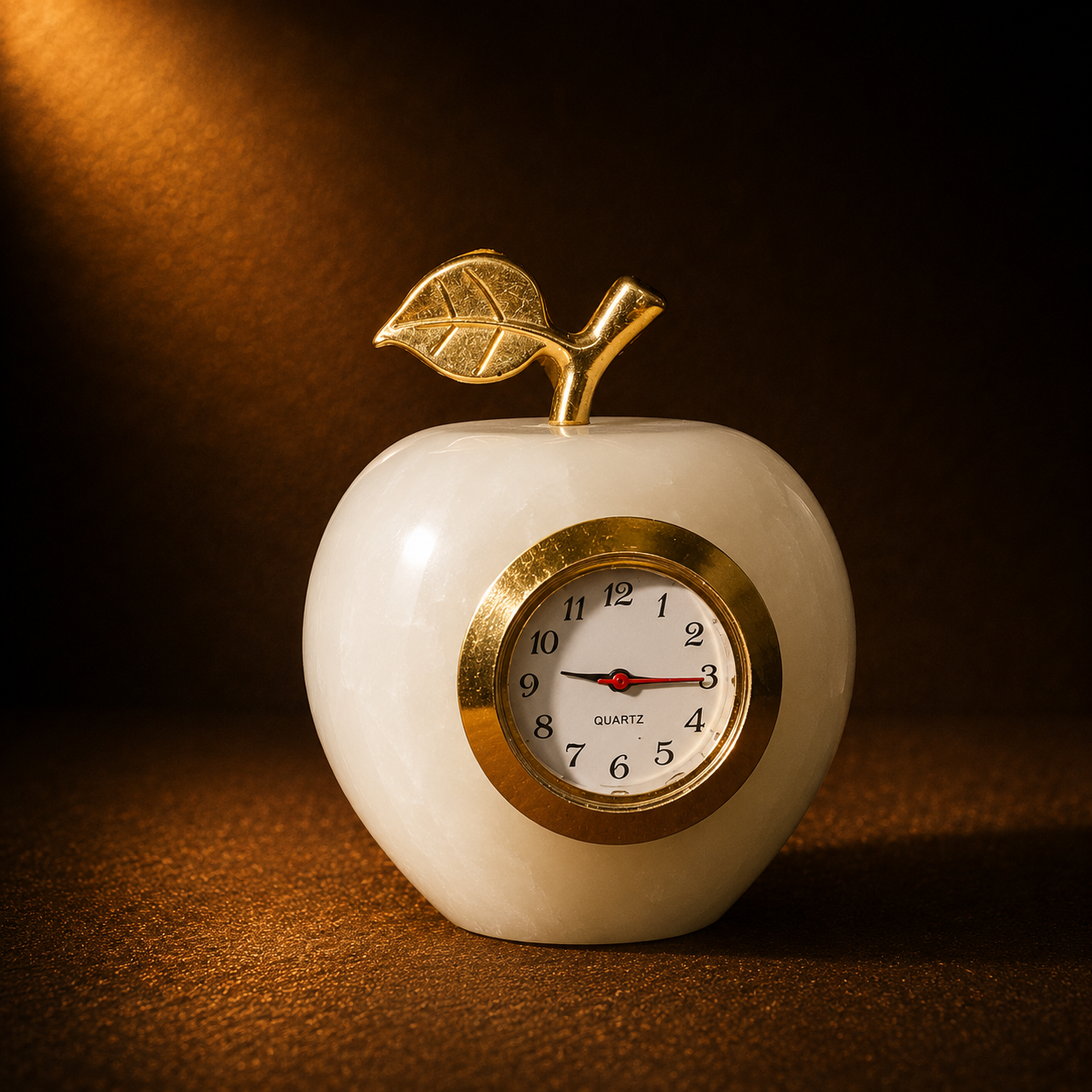Luxury White Onyx Marble Apple Clock – Handmade Decorative Quartz Table Clock | Premium Home & Office Desk Decor